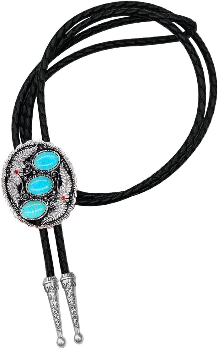 QUKE Vintage Native American Western Cowboy Blue Natural Turquoise Stone Bolo Tie Hand-woven Leather Bola Tie Necktie for Men - Image 1
